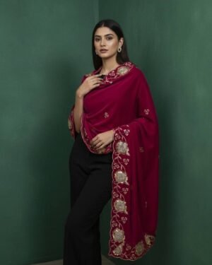 Soft Velvet Magenta Embroidered Shawl – T000345KH
