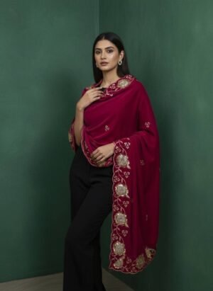 Soft Velvet Magenta Embroidered Shawl – T000345KH