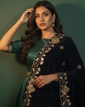 Soft Velvet Navy Blue Embroidered Shawl 3008