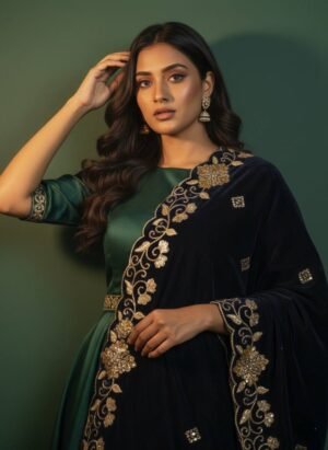 Soft Velvet Navy Blue Embroidered Shawl 3008