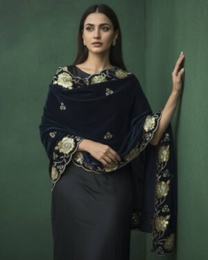 Soft Velvet Navy Blue Embroidered Shawl 3003