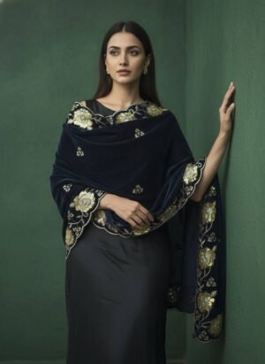 Soft Velvet Navy Blue Embroidered Shawl 3003
