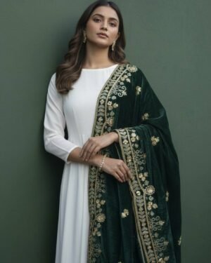 Soft Velvet Green Embroidered Shawl 3009
