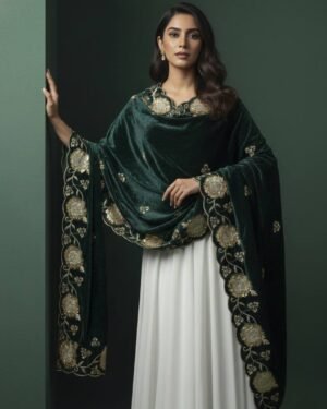 Soft Velvet Green Embroidered Shawl –  T000347KH