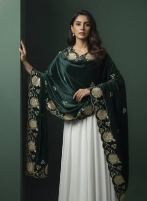 Soft Velvet Green Embroidered Shawl –  T000347KH