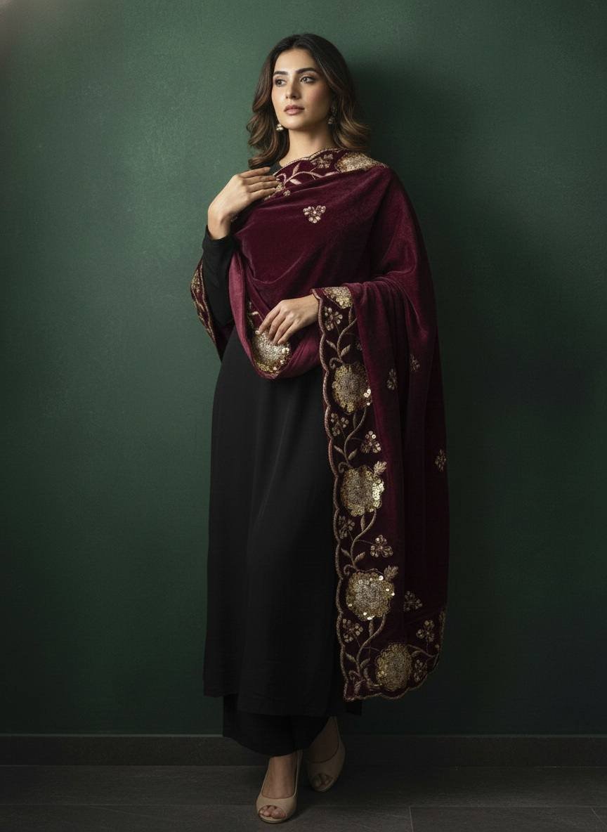 Soft Velvet Wine Color Embroidered Shawl – T000346KH