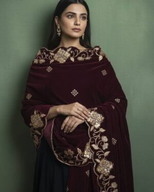 Soft Velvet Wine Color Embroidered Shawl 3011