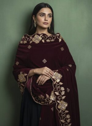 Soft Velvet Wine Color Embroidered Shawl 3011