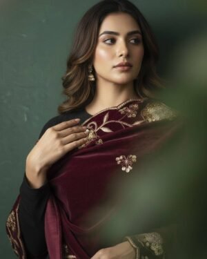 Soft Velvet Wine Color Embroidered Shawl – T000346KH