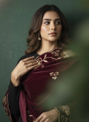 Soft Velvet Wine Color Embroidered Shawl – T000346KH