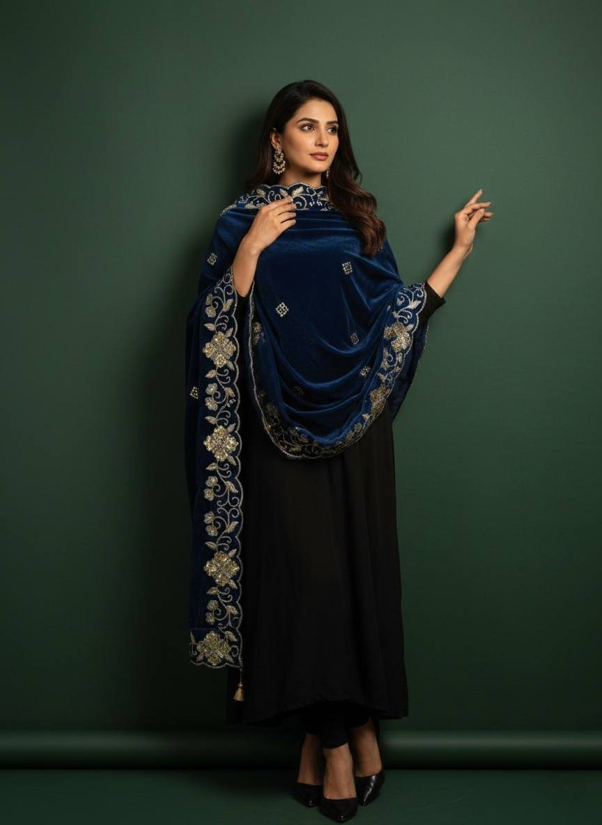 Soft Velvet Sea Blue Embroidered Shawl – T000775KH
