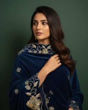 Soft Velvet Sea Blue Embroidered Shawl – T000775KH