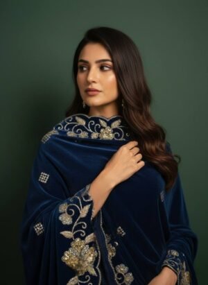 Soft Velvet Sea Blue Embroidered Shawl – T000775KH