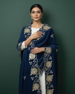 Soft Velvet Sea Blue Embroidered Shawl – T000778KH