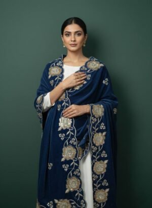 Soft Velvet Sea Blue Embroidered Shawl – T000778KH