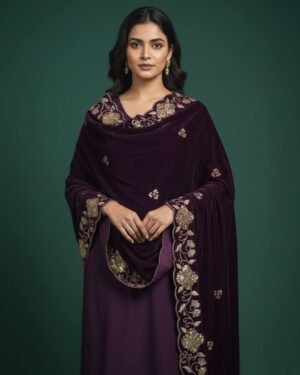 Soft Velvet Purple Embroidered Shawl – T000784KH