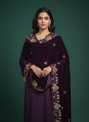 Soft Velvet Purple Embroidered Shawl – T000784KH