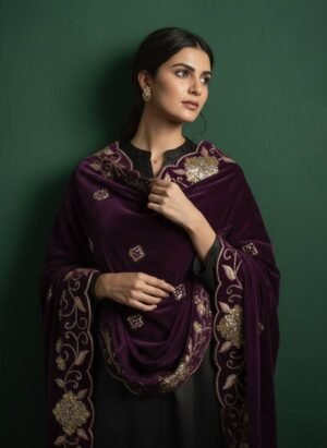 Soft Velvet Purple Embroidered Shawl 3002