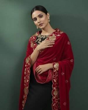 Soft Velvet Red Embroidered Shawl – T000344KH