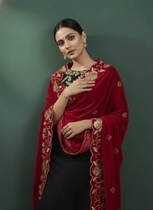 Soft Velvet Red Embroidered Shawl – T000344KH