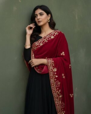 Soft Velvet Red Embroidered Shawl – T000787KH