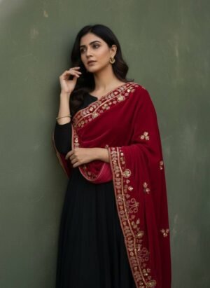 Soft Velvet Red Embroidered Shawl – T000787KH