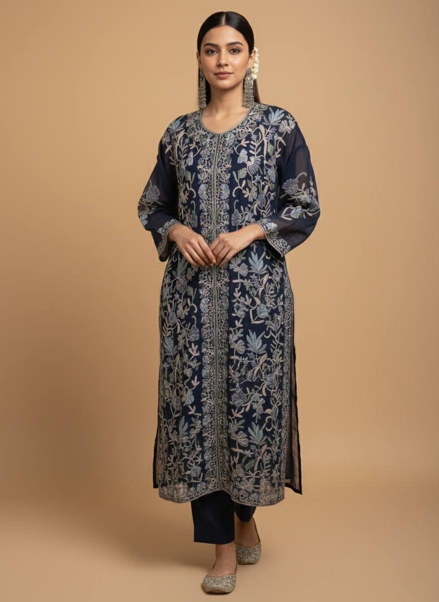 Kashmiri Viscous Chiffon Kurti Blue