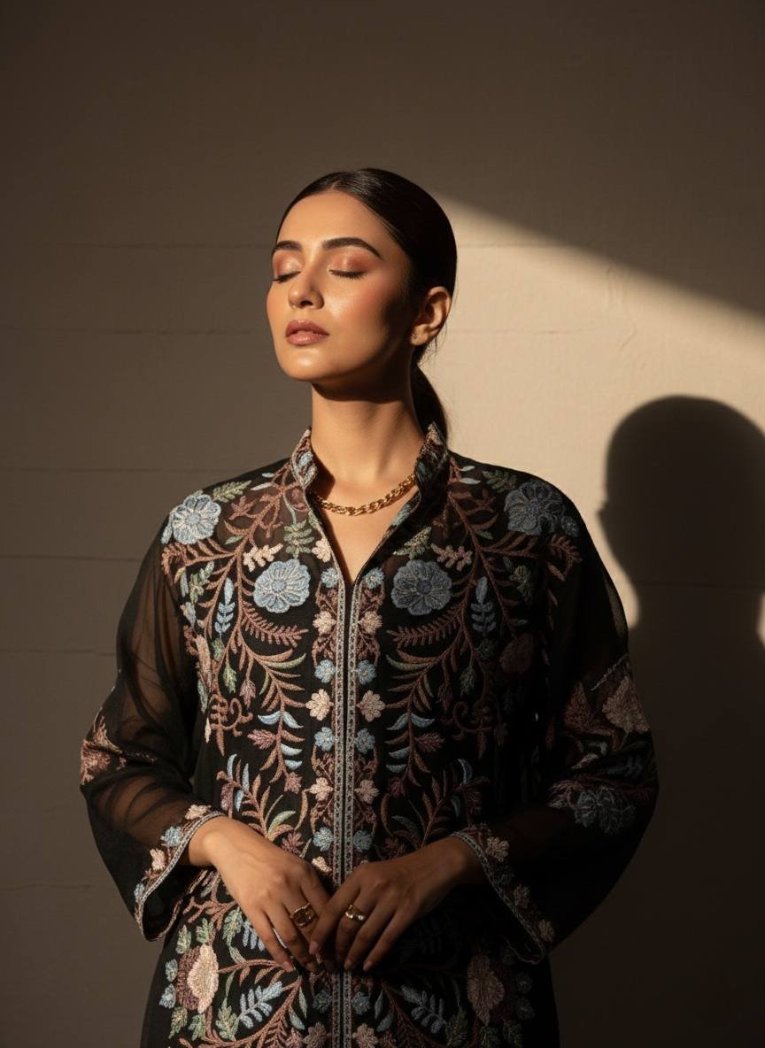 Kashmiri Viscous Chiffon Kurti Black