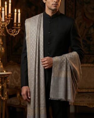Grey Zari Woven Shawl with Gold Floral Buti Work