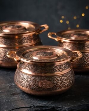 Kashmiri Kandkari Copper Handi Set of 3 with Lid — Hand-Engraved