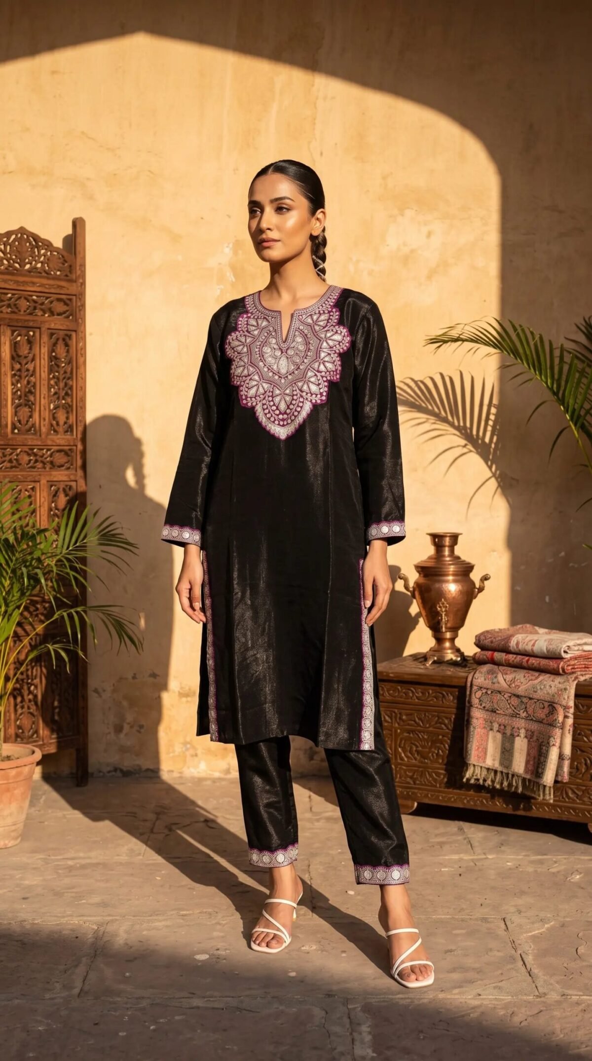 Soft Velvet Red Embroidered Shawl – T000344KH