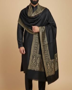 Premium Black Gold Kani Weaved Shawl – T001819KH
