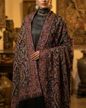 The Midnight Jamawar – Intricate Multi-Color Embroidered Pure Pashmina Shawl