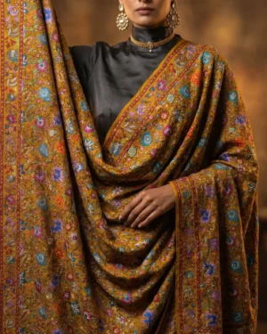 The Ochre Opulence – Ultra-Fine Sozni Kasheeda Pure Pashmina Shawl