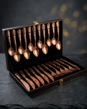 Kashmiri Kandkari Copper Spoon Box (Set of 24) | Hand-Engraved