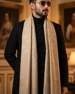 Golden Zari Woven Shawl with Gold Floral Buti Work