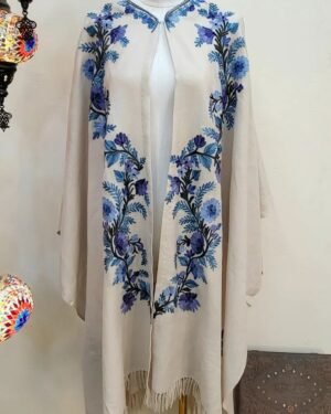 Ivory Wool Cape Shawl with Hand Assisted Embroidery