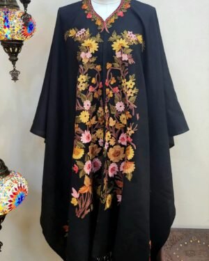 Black Wool Cape Shawl with Hand Assisted Ari Embroidery