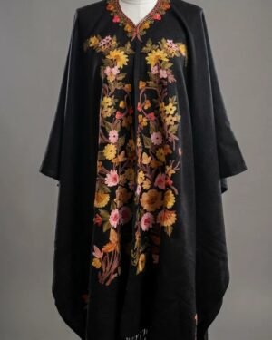 Black Wool Cape Shawl with Hand Assisted Ari Embroidery