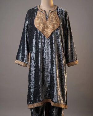 Kashmiri Bota Tilla Crushed Velvet Pheran Coordset – Slate Grey-Blue