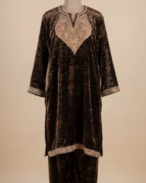 Kashmiri Bota Tilla Crushed Velvet Pheran Coordset – Chocolate Brown